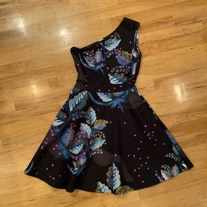 Cynthia Rowley neoprene one shoulder dress black tie floral metallic